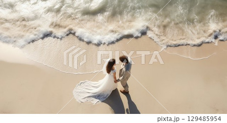 Overhead View of Multi-Ethnic Newlyweds on Beach. Generative ai 129485954