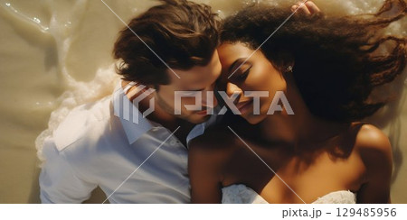 Overhead View of Multi-Ethnic Newlyweds on Beach. Generative ai 129485956