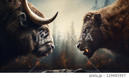 Bear and Bull Face-Off in Urban Financial Market Metaphor. Generative ai 129485957