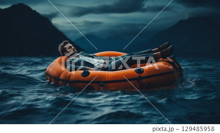 Businessman Asleep on Raft at Sea: A Metaphor for Business Safety Net. Generative ai 129485958
