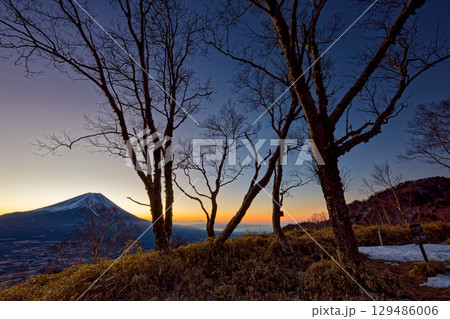 朝霧高原・雨ヶ岳から見る夜明け間近の富士山 129486006