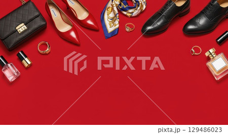 ファッションのシューズ・バッグやアクセサリーとカラフルな背景画像 ファッションのシューズ・バッグやアクセサリーとカラフルな背景画像 129486023