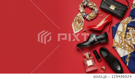 ファッションのシューズ・バッグやアクセサリーとカラフルな背景画像 129486024