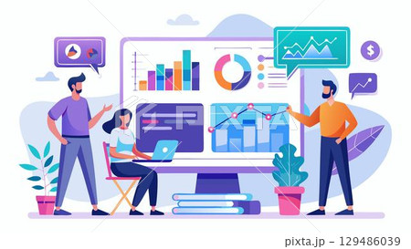 The image shows a cartoon illustration of three people analyzing data on a large computer 129486039