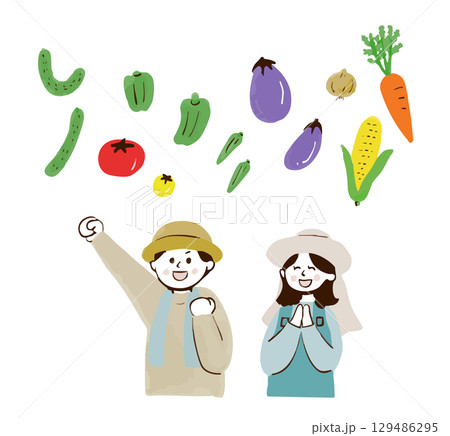 野菜と農家の男女の手描きイラスト 129486295