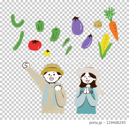 野菜と農家の男女の手描きイラスト 129486295