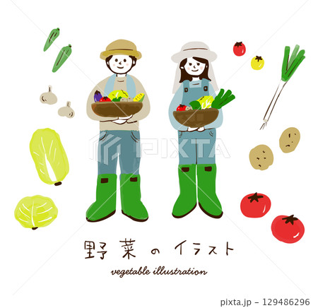 畑の野菜と農家の男女の手描きイラスト 129486296