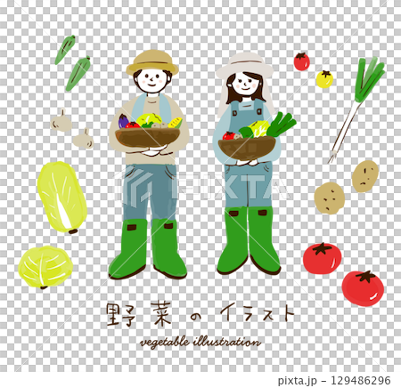 畑の野菜と農家の男女の手描きイラスト 129486296