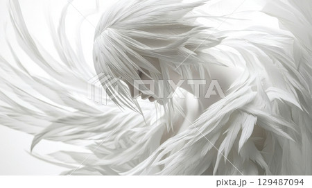 Ethereal Figure with White Feathers and Graceful Wings in Soft Light 129487094