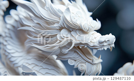 Intricate White Dragon Sculpture with Delicate Paper Details 129487110