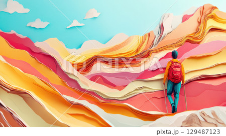 Paper Art Landscape with Hiker Exploring Colorful Mountain Scene 129487123