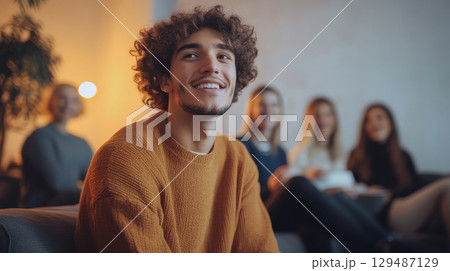 Young man smiles while enjoying time with friends indoors 129487129