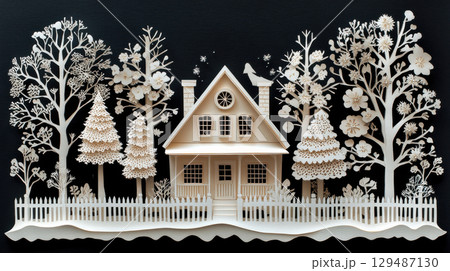 Intricate Paper Art of House Surrounded by Nature and Trees 129487130