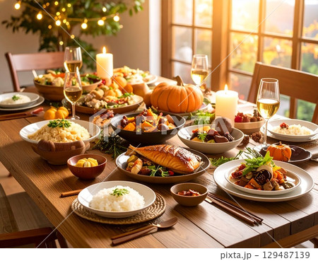 秋の味覚いっぱいの食卓 129487139