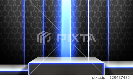 Minimalist stage or podium display with blue light and black hexagon pattern background. Product presentation, mockup, copy space, and template Minimalist stage or podium display with blue light and black hexagon pattern background. Product presentation, mockup, copy space, and template 129487486