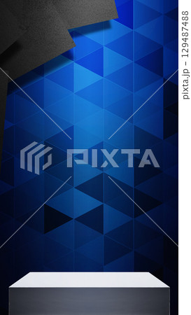 Minimalist stage or podium display with blue and black triangle pattern background. Product presentation, mockup, copy space, and template Minimalist stage or podium display with blue and black triangle pattern background. Product presentation, mockup, copy space, and template 129487488