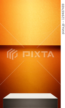 Minimalist stage or podium display with an orange background. Product presentation, mockup, copy space, and template Minimalist stage or podium display with an orange background. Product presentation, mockup, copy space, and template 129487489