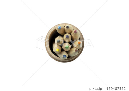 Top view of colored pencils in a pencil case isolated over a white background. Concept of stationery Top view of colored pencils in a pencil case isolated over a white background. Concept of stationery 129487532