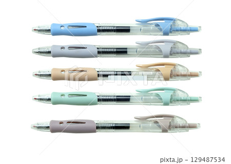 Row of colorful pens isolated over a white background. Concept of stationery 129487534