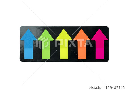 Set of colorful arrow sticky notes isolated over a white background. Mockup or Copy space. Concept of stationery 129487543