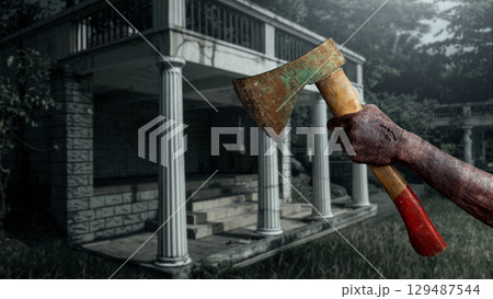 Zombie hand with a bloody wound holding an axe haunted the old building. Zombie, devil, evil, satan, or monster hands. Concept of Spooky Halloween Zombie hand with a bloody wound holding an axe haunted the old building. Zombie, devil, evil, satan, or monster hands. Concept of Spooky Halloween 129487544