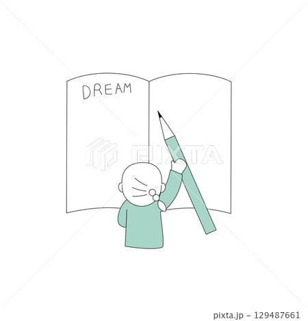 大きなノートに夢を書く女の子のイメージイラスト 129487661
