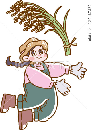 収穫した稲を掲げた笑顔の女の子のイラスト 129487820