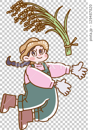 Illustration of a smiling girl holding up harvested rice 129487820