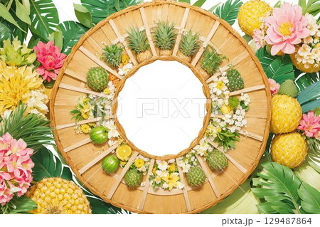 ロピカルフルーツと花の手作り風サークルフレーム素材 129487864