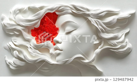 Elegant Paper Art Composition of Woman's Face and Red Flower Elegant Paper Art Composition of Woman's Face and Red Flower 129487942