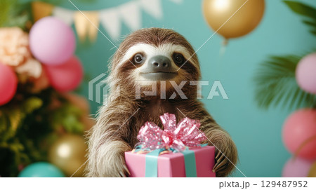 Cute Sloth Holding Gift Box at Colorful Birthday Celebration 129487952