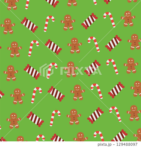 Gingerbread and candy pattern. Vector 129488097