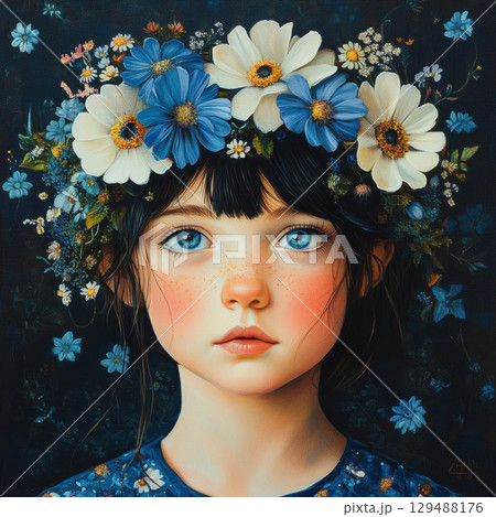 Enchanting Portrait of Girl with Floral Crown and Blue Eyes Enchanting Portrait of Girl with Floral Crown and Blue Eyes 129488176