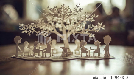 Whimsical Paper Art of Tree and Children Engaged in Learning 129488182