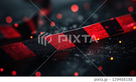 Red and Black Caution Tape on Dark Background with Blurry Lights 129488188