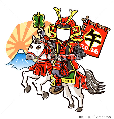 干支の午（馬）に乗った武将の顔ハメ素材 129488209