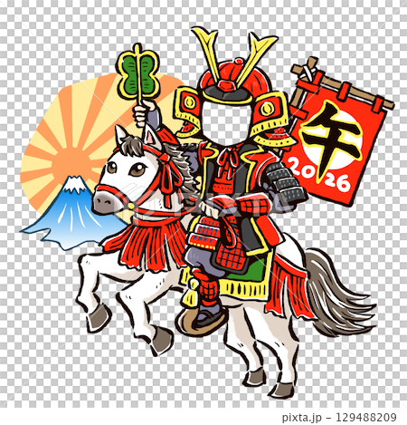 干支の午（馬）に乗った武将の顔ハメ素材 129488209