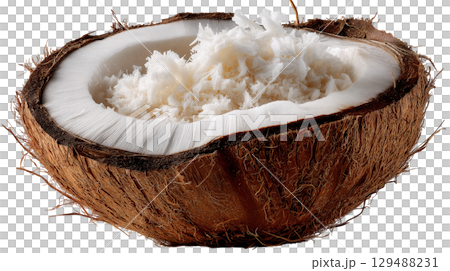 Fresh coconut half with shredded white meat and textured shell. isolated on transparent background cutout 129488231