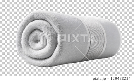 Soft gray towel rolled neatly on a white background with texture. isolated on transparent background cutout 129488234