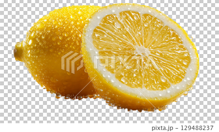 Fresh yellow lemon with droplets, sliced half showcasing juicy texture. isolated on transparent background cutout Fresh yellow lemon with droplets, sliced half showcasing juicy texture. isolated on transparent background cutout 129488237