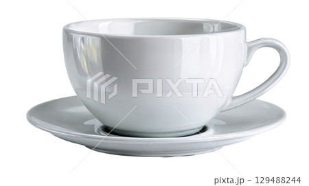 White ceramic cup and saucer with elegant design and smooth finish. isolated on transparent background cutout 129488244