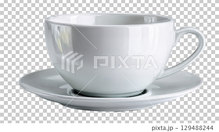 White ceramic cup and saucer with elegant design and smooth finish. isolated on transparent background cutout 129488244