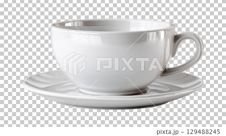 Elegant white ceramic cup and saucer with smooth glossy finish. isolated on transparent background cutout 129488245