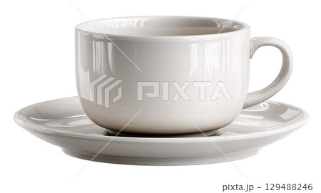 Elegant white ceramic cup and saucer set on a clean surface. isolated on transparent background cutout 129488246