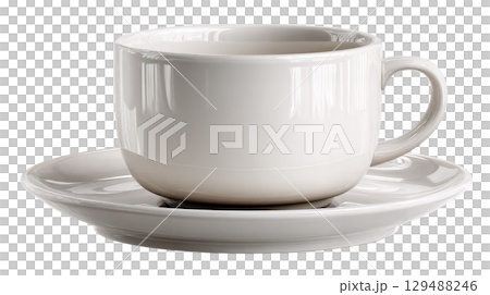 Elegant white ceramic cup and saucer set on a clean surface. isolated on transparent background cutout 129488246