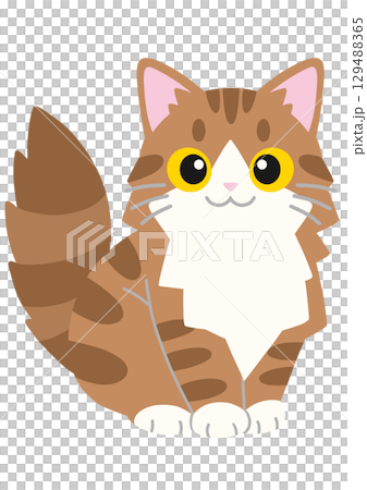 座っているキジトラ猫のデフォルメイラスト 129488365