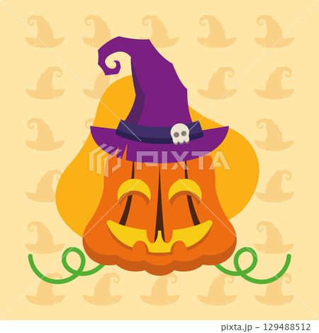 Witch pumpkin with skull hat. Vector 129488512