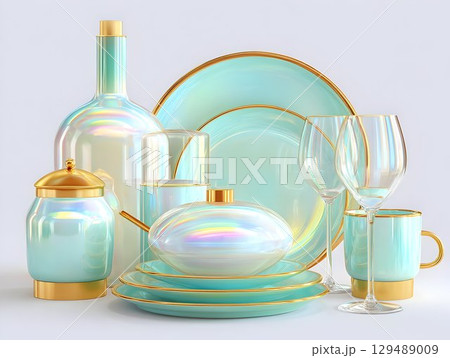 Luxurious dinnerware collection combining pearlescent turquoise and gleaming gold accents, presenting plates, glasses, carafe, sugar bowl, teapot against pristine white surface 129489009