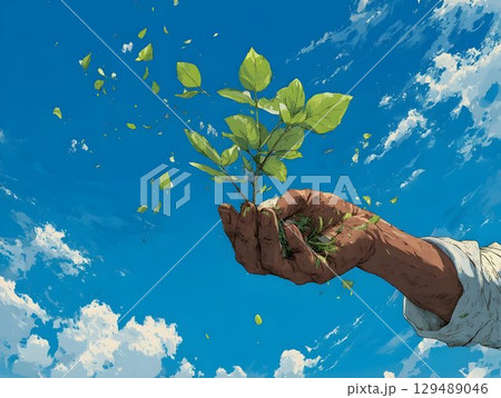 Weathered farmer's hands holding delicate green seedling, against the sky, dark rich soil clinging to skin, representing agricultural care and environmental stewardship, the connection between humans Weathered farmer's hands holding delicate green seedling, against the sky, dark rich soil clinging to skin, representing agricultural care and environmental stewardship, the connection between humans 129489046