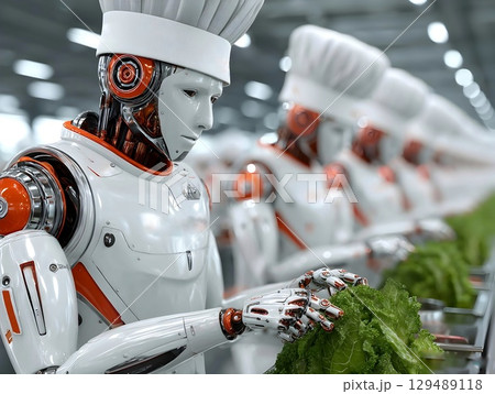 Robotic chefs wearing white hats processing fresh lettuce, operating systematically within gleaming automated food production kitchen space Robotic chefs wearing white hats processing fresh lettuce, operating systematically within gleaming automated food production kitchen space 129489118